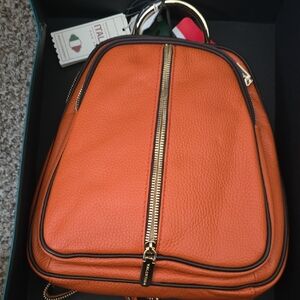 Valentina Orange Leather Backpack with Gold Zippers